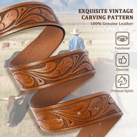 GENEMEN Western Cowboy Bull Buckle Belt for Men Women Cowgirl Floral Engraved Embossed Leather Belt for Jeans (B Brown Bull, 130)
