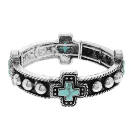 ZumBuys Western Cross Stretch Bracelet, Turquoise, Metal, Women's, Southwest Style, Adult, 9 inch Length, Silver-Tone