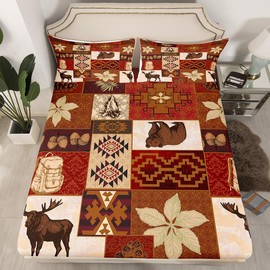 Buffalo Plaid Bed Sheets Set Cabin Decor, Bear Elk Deer Wild Animal Sheet Set, Fall Leaves Pine Cones Bedding Set, Wildlife Hunting Theme Flat Fitted Sheet, Patchwork Boho Floral Sheets, King 4Pcs