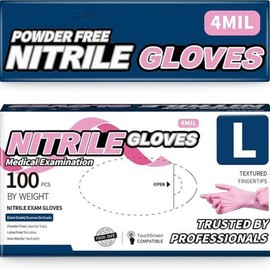 4 Mil PINK NITRILE Disposable Gloves 100pcs Powder-Free Latex-Free for Medical, Cooking, Food-Safe, Cleaning - Soft, Sensitivity, and Durability exam - Size: Large