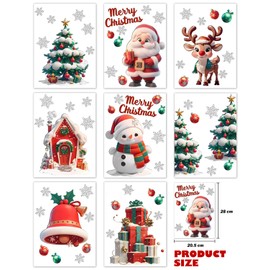 Phestival Christmas Window Clings, 8-in-1 Christmas Window Stickers Decals, Snowflake Winter Window Clings for Glass Windows, Xmas Holiday Decals for Wall Car Windows Decorations [Colorful]