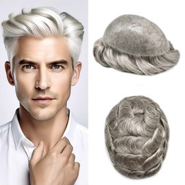 RESHE Toupee For Men Hair Pieces Mens Toupee Hair Replacement System Poly Skin Hairpiece For Men 0.10mm Grey Ash Blond Black Brown 5X7#750#7 Very Light Brown+50% Grey