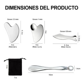 Kit Gua Sha Facial AVENIX de Acero Inoxidable para Masaje y Cuidado de la Piel, Pack 4 Herramientas con Bolsa
