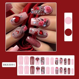 24Pcs Pink Press on Nails Valentines Fake Nails Heart Flower Stick on Nails Cute False Nails with Rhinestone Design Medium Square Acrylic Press on Nails Valentines Day Glue on Nails for Women