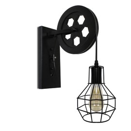 PUZHI HOME Rustic Wall Light Fixture Farmhouse Wall Sconce Pulley Wall Lamp Lantern with Metal Iron Cage 1 Set, Indoor Sconce Wall Lighting Bedroom Bedside Kitchen Barn Restaurant-Black