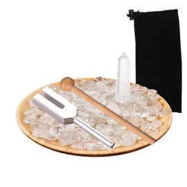 Tuning Fork Crystal Tuner 4096hz Crystal Tumbled (Approx. 8.8 oz (250 g), Hexagonal Crystal Point, Approx. 2.4 - 2.8 inches (6 - 7 cm), Wooden Mallet (Approx. 5.5 inches (14 cm), Wooden Tray (Diameter