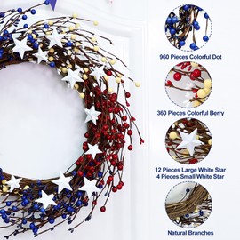 TURNMEON 20 Inch Thicker 4th of July Wreath Patriotic Wreaths for Front Door, Red White Blue Berry Wreath with Stars Natural Branches for 4th of July Decorations Outdoor Memorial Day Independence Day