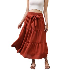DEVIHARRIS Womens Summer Boho Maxi Skirt Tie Knot Elastic High Waisted Trendy Flowy Beach Long Skirts with Pockets Caramel