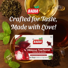 Badia Hibiscus Tea, Flor de Jamaica, 25 Bags – Refreshing Herbal Infusion with Sweet Tart Floral Flavor & Antioxidant Richness