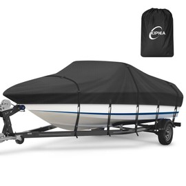 Kipiea Trailerable Boat Cover- 16-18.5 ft feet Heavy Duty Waterproof Boat Covers, Double PU Waterproof, Fits V-Hull, Fish & Ski, Pro-Style, Fishing, Bass Boats - Black, 16'-18.5' Long X 94" Wide