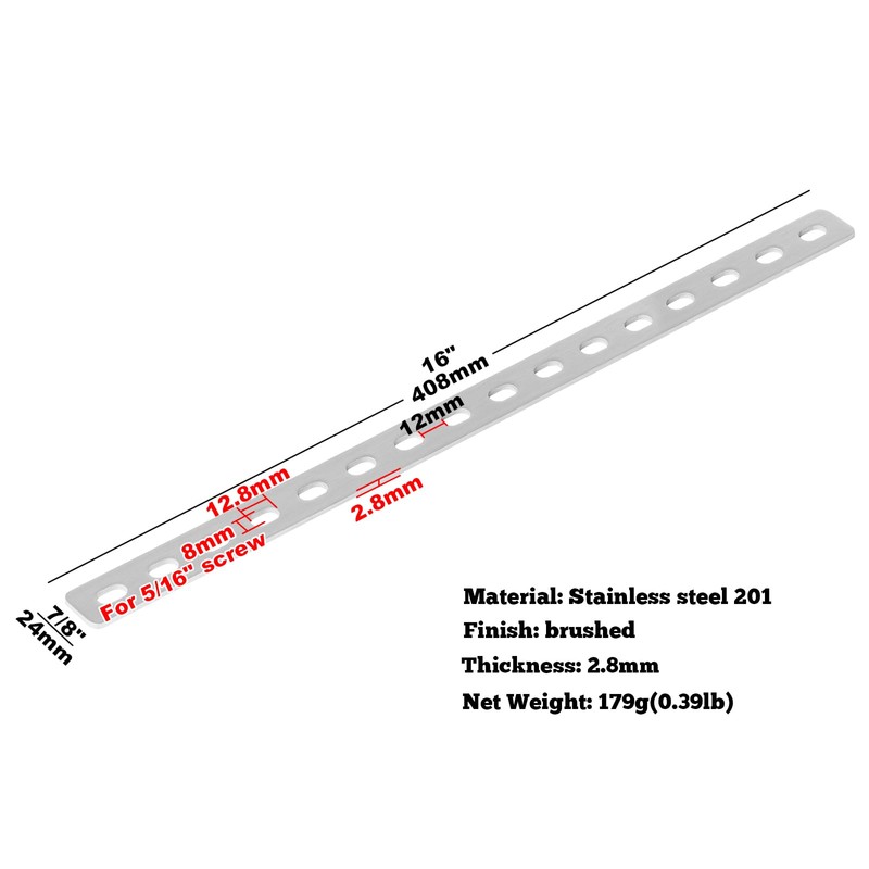 GBGS 4 Pcs 16" Flat Straight Brace Brackets,Stainless Steel Slotted
