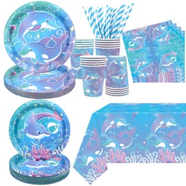 Dolphin Party Supplies, Includes Plates, Napkins, Cups, Tablecloths, for Ocean DolphinTheme Birthday Baby Shower Party Decorations