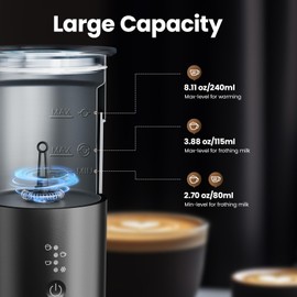 Electric Milk Frother and Steamer, 8.12oz/240ml 4 in 1 Milk Steamer Frother for Latte Cappuccino, Can Froth Both Hot and Cold Milk, Enjoy Perfect Milk Froth in 2 Min