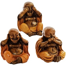 Stoneage Arts Three Wise Buddha and Monk Bring Joyful Energy Evoking The Pictorial Maxim See No Evil Hear No Evil Speak No Evil Not to Dwell On Evil Thoughts (Set 3 / Buddha, Orange)