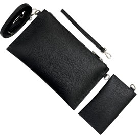 Zulino Shoulder Bag Handbag Set Genuine Leather Clutch Passport Bag Double Strap Removable Adjustable Leather Edges Sealed 25 x 15 cm, black