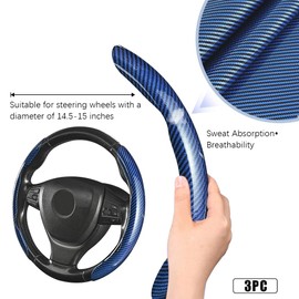 JDDRY Universal Car Steering Wheel Cover,Non-Slip Bright Carbon Fiber Steering Wheel Protector,Car Interior Accessories(Blue,3PC)