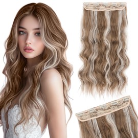 Silk-co One Piece Clip In Hair Extensions Curly 180g Hairpieces 5 Clips Wavy Curly Synthetic 3/4 Half Full Head for Laides and Women 24 Inch（60 cm） Medium Brown mix White Blonde