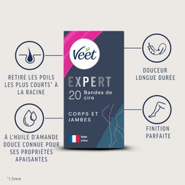 Veet Expert - 20 Wax Strips for Body & Legs - For Sensitive Skin - Perfect Workmanship - Long Lasting Hair Removal