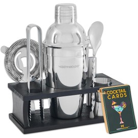 8Pcs Cocktail Shaker Set, Bartender Kit with Black Wood Stand, Stainless Steel Bar Tool Set for Drink Mixing Home Bartending Kit