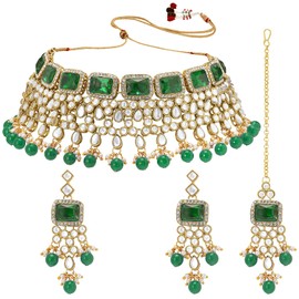 Aheli Traditional Green Crystal Choker Necklace Earring Maang Tikka Jewellery Set for Women Girls