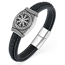 YL Viking Compass Mens Cuff Bracelet, Handcrafted Black Braided Leather Stainless Steel Bangle Punk Wristband Jewelry for Men Women, 8.66 Inches, Leather, no gemstone