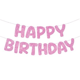 Fulmoon Glitter Pre Strung Happy Birthday Banner No DIY Party Decorations Happy Birthday Sign Decor for Men Women Boy Girls Backdrop(Pink)