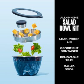 S'well S'well Stainless Steel Salad Bowl Kit - 64oz, Azurite - Comes with 2oz Condiment Container and Removable Tray for Organization - Leak-Proof, Easy to Clean, Dishwasher Safe