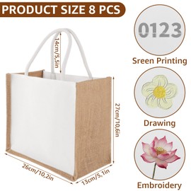 LOPYXBR Pack of 8 Jute Bags 26 x 27 x 13 cm Jute Shopping Bag Small Jute Bags Jute Bag Small for Bridesmaid, DIY, Shopping, Birthday, Mother's Day, brown