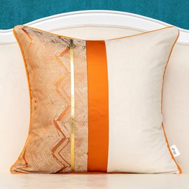 Alerfa 18 x 18 Inch Orange White Geometric Striped Gold Leather Patchwork Velvet Cushion Case Luxury Modern Lumbar Throw Pillow Cover Decorative Pillow for Couch Sofa Living Room Bedroom Car