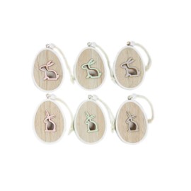 Heitmann Deco Wooden Easter Eggs with Easter Bunny for Hanging, Easter Decoration, Spring Decoration, Wooden Decoration, Pack of 6, Natural Grey, Pink, Green