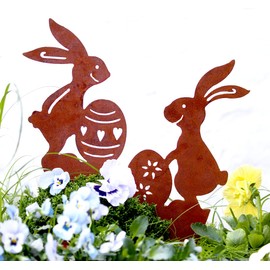 Set of 2 Garden Stakes Rabbit Pair Easter Bunny Rust Decorative Design Plug Flower Bed Stakes