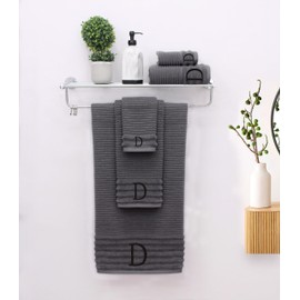 COTTON CRAFT Monogrammed 3 Piece Towel Set - 100% Cotton - Plush 600 GSM Sculpted Ribbed Super Zero Twist Bathroom Set - 1 Each of Bath, Hand, and Wash Towels - Soft Absorbent Luxury - Grey D