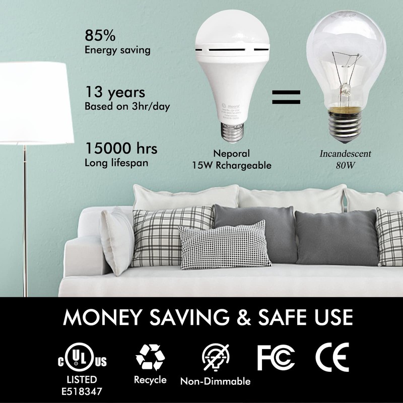 Rechargeable Light Bulbs, Back Up Battery Light Bulbs, 15W 80W