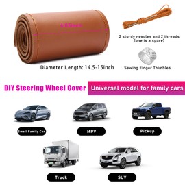 Ziciner Genuine Leather Steering Wheel Cover, Stitch on Wrap, Breathable Anti-Slip Car Steering Wheel Protector for Max Diameter 15 Inch, DIY Sewing with Needle Thread (Brown, Glossy)