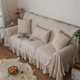 JadeRich One Piece Couch Cover Ruffle Hem Sofa Towel Cotton Flax Sofa Protector Solid Color Tartan Plaid