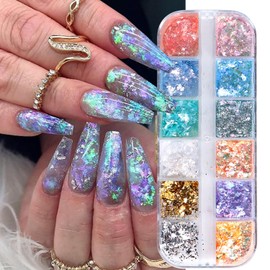 Opal Nail Flakes Decoration, 12 Colors Glitters Opal Powder Flakes Ultra-Thin Film Ice Crystal Cloud Brocade Powder Nail Designs Acrylic Nails Supplies for Women Manicure Tips Charm Decorations
