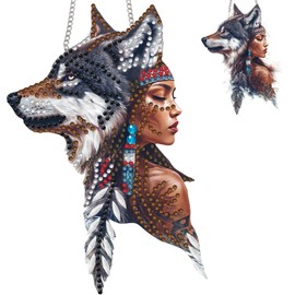 Zariocy Hanging Diamond Art Ornament Beauty Wolf Kits for Adults, Crystal Sun Catcher Pendant, Woman Animal Diamond Painting Acrylic Board, Front Door Sign & Window Hanging Decor for Home 4.5x8 inch