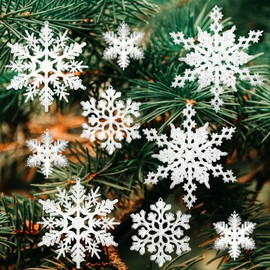 40pcs Christmas Snowflake Ornaments, Plastic Snowflake Hanging Decor White Glitter Snowflake Ornaments for Christmas Winter Theme Party Outdoor Decor DIY Crafts