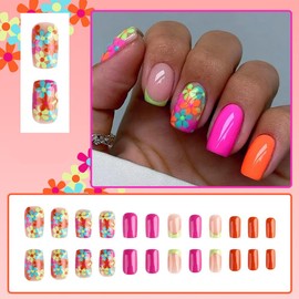 Medium Press on Nails Square Fake Nails with Colorful Flowers Designs Glossy Acrylic Full Cover Glue on Nails French Floral Stick on Nails Reusable False Nails for Women Girls 24Pcs