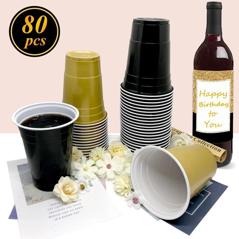 80 Pcs Black and Gold Plastic Cups- 16 oz Reusable