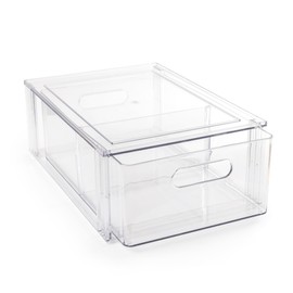 Smart Design Pull-Out Stackable Storage Bin with Removable Dividers - Large - 13.75" D x 9.85" W x 5.30" H- Clear