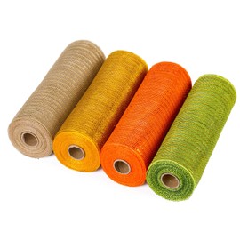 LaRibbons Autumn Poly Mesh Ribbon, 10 inch x 30 feet(10 Yard) Each Roll, Green Orange Yellow Khaki with Metallic Foil Rolls for Fall Harvest Wreaths, Thanksgiving Decor, Crafts, 4 Rolls