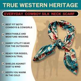 Helder Creek Co Wild Rag Silk Scarf 36'', Western Cowboy Bandana Square Silky Wild Rags,Grey Teal Cactus Tibal Scarves for Men & Women