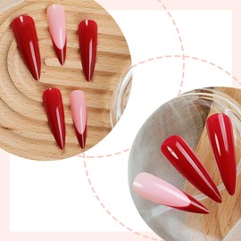 Red French Tip Press on Nails Long Stiletto Fake Nails Full Cover False Nails Glossy Red Glue on Nails Valentines Day Acrylic Nail Kit Reusable Stick on Nails for Coquette Women Girls 24Pcs