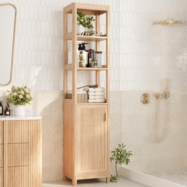 INNOD 68'' Tall Narrow Storage Cabinet with Adjustable Shelf and Door, Bathroom Storage Cabinet, Space Saver for Bathroom, Kitchen, Living Room, Natural Oak