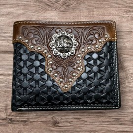 Western Stakes Men’s Leather Wallet – Cowboy Praying at Cross Concho with Diamond & Floral Tooled Pattern – Two-Tone Western Faith Wallet for Ranchers & Gift Ideas