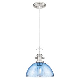 Audickic Pendant Lights Kitchen Island, 10.5" Farmhouse Pendant Lighting with Blue Seeded Glass Shade, Vintage Hanging Light Fixtures for Dining Room, Brushed Nickel, AD-22151-1PL-SN-BL