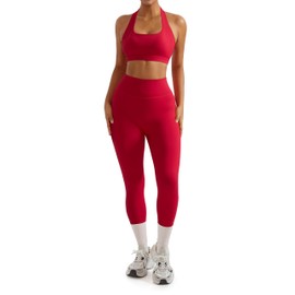 RXRXCOCO Backless Workout Sets for Women 2 Piece Halter Sports Bra Hidden Scrunch High Waisted Gym Leggings Matching Set Red Small