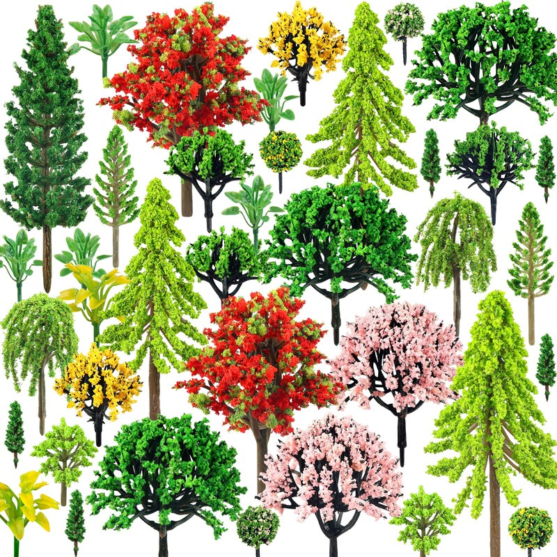 QUOZUO 38PCS Mini Model Miniature Trees, Mixed Model Colourful Trees