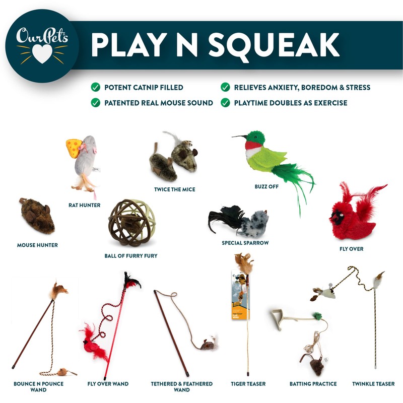 OurPet's Play-N-Squeak Teathered & Feathered Play Wand Cat Toy, for